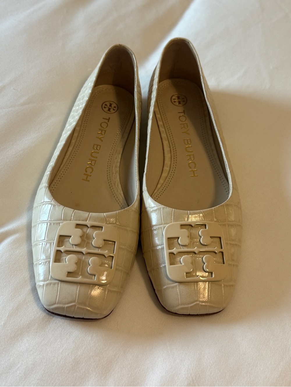 Tory Burch Cream Patent Croc-Embossed Logo Ballet Flats